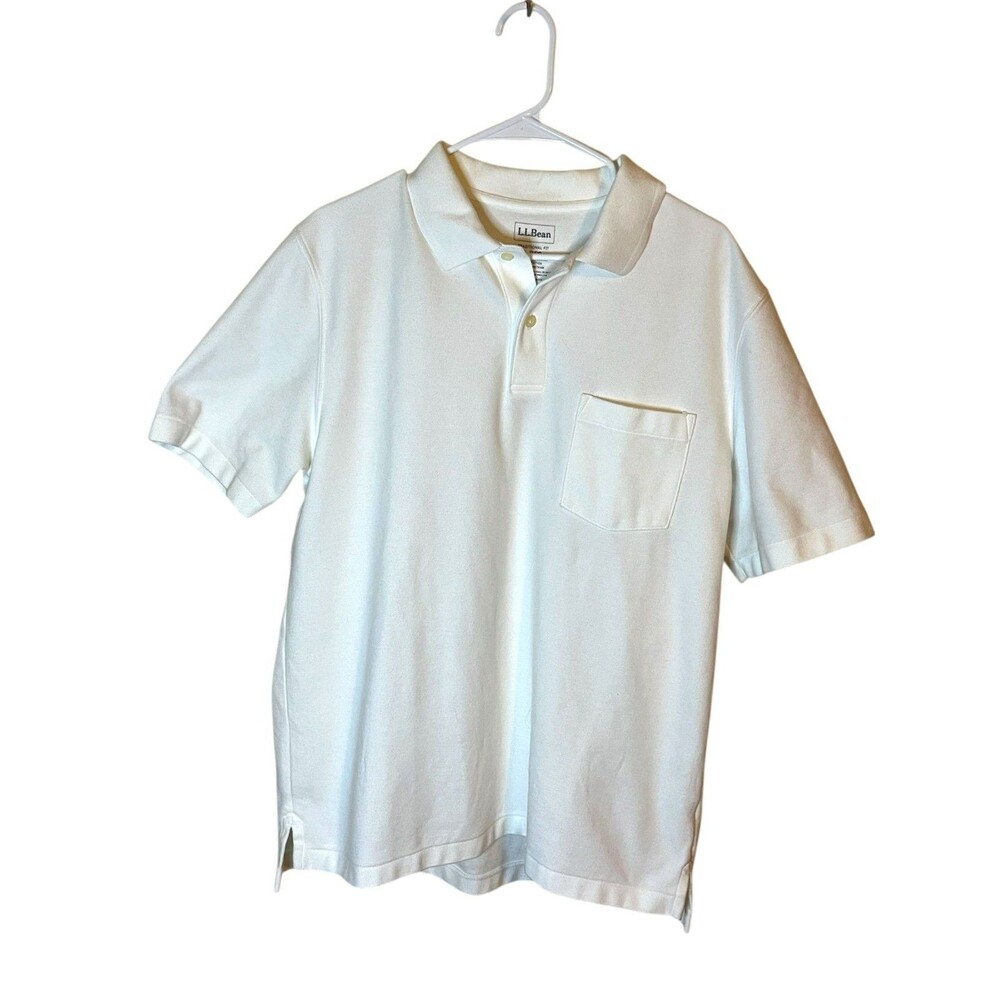LL Bean Mens Large White Tradition Fit Short Sleeve Polo Shirt 100% Cotton